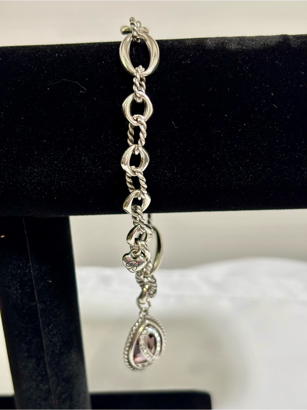 Vintage Brighton Blair Heart Barrel Link Chain Charm Bracelet Silver Plated - Picture 3 of 5
